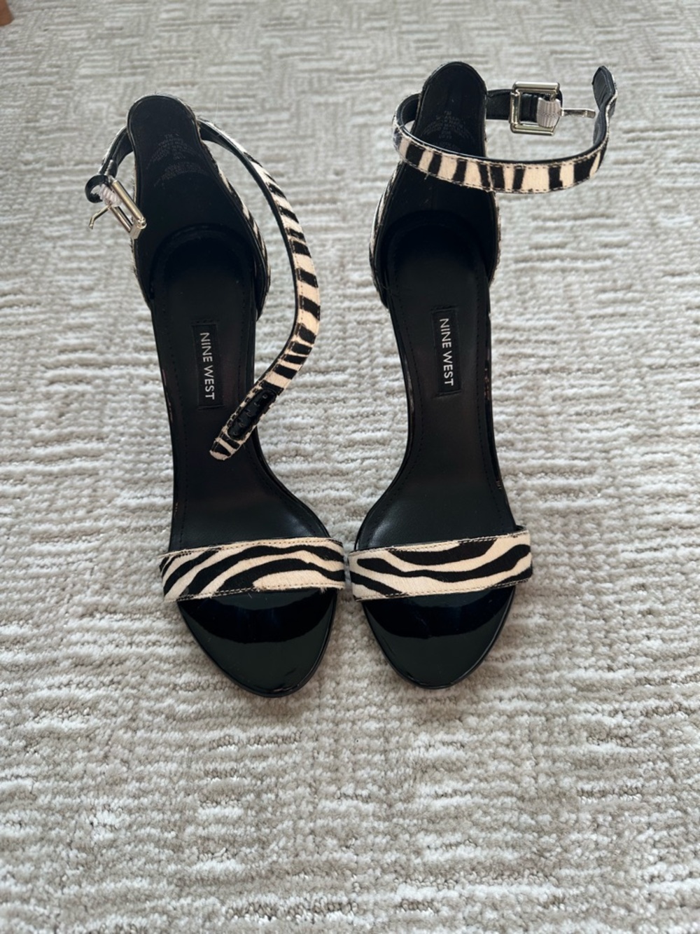 Nine West Black and White Zebra-Print Ankle Strap Heels